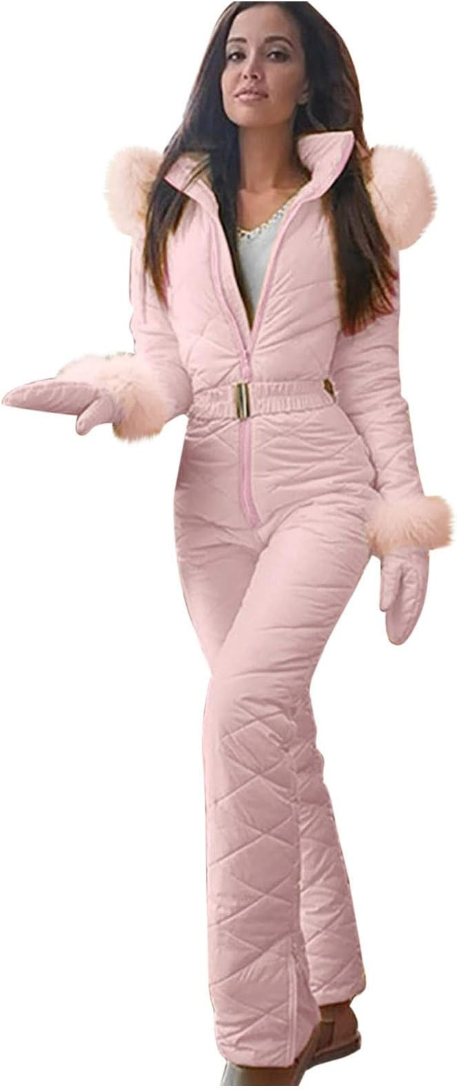 Women Snow Suits One Piece Winter onesie Ski Suit Hood Fur Collar Jumpsuit Outdoor Sports Waterpr... | Amazon (US)