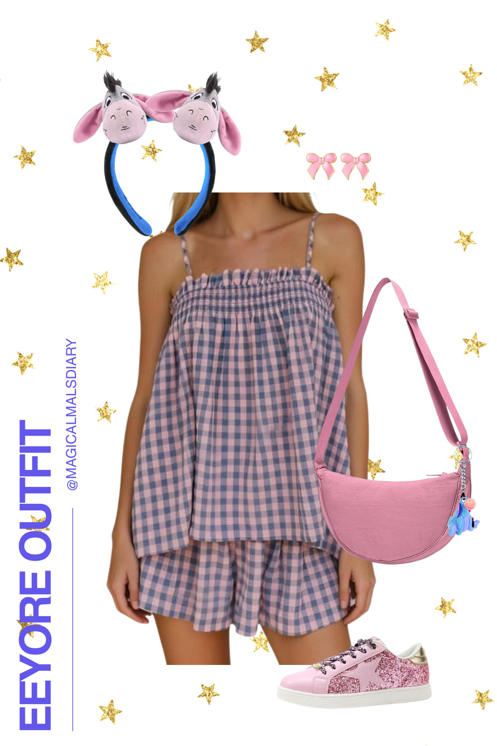 Feeling a little Eeyore-soft in the prettiest pastel gingham set! 🎀💙 I'm obsessed with this Disneybound — the breezy cami-and-shorts set, those tiny pink bow earrings, glittery sneakers, and the sweetest Eeyore ears and bag charm. It's such an easy, comfy park outfit whether you're doing a first trip, a girls' day, or just soaking up that Hundred Acre Wood magic. Tap to shop every piece!  

 