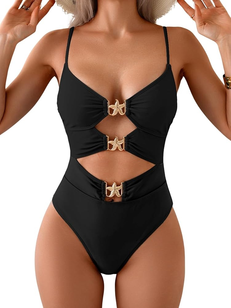 Eomenie One Piece Swimsuit for Women Cutout Monokini Sexy Bathing Suit Metal Swim Suit | Amazon (US)