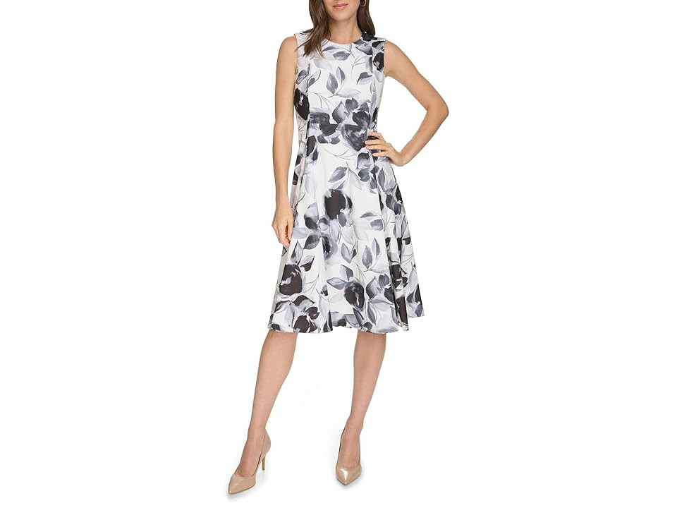 Calvin Klein Scuba Floral A-Line Women's Dress Black/White : 2, Polyester/Spandex | Zappos