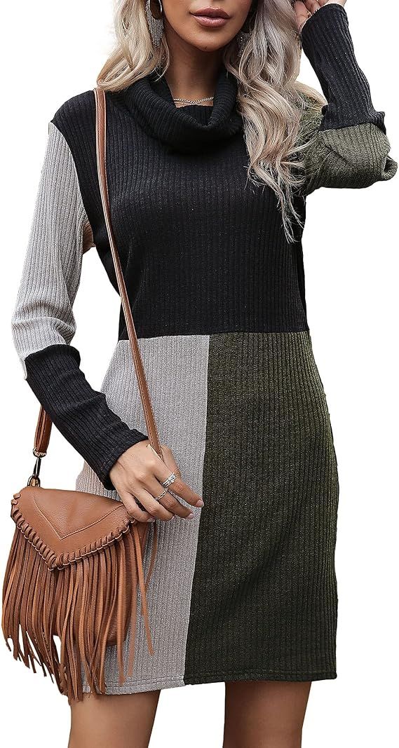 Anbiliwobo Women's Turtleneck Bodycon Pullover Knitted Sweater Dress Long Sleeve Slim Color Block... | Amazon (US)