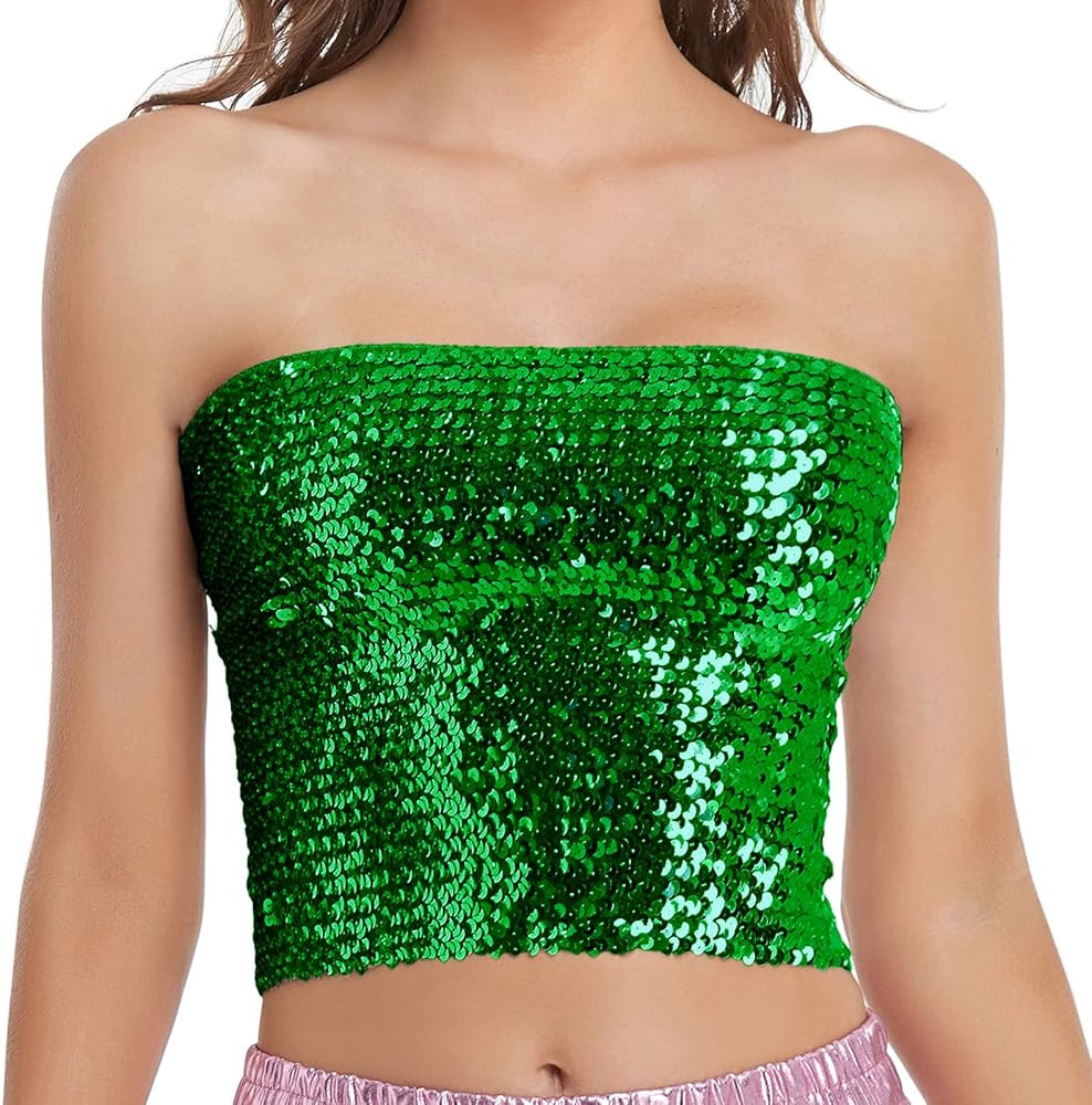 Womens Sparkly Sequin Mermaid Crop Tops, Strapless Metallic Tube Tops for Party Clubwear | Amazon (US)