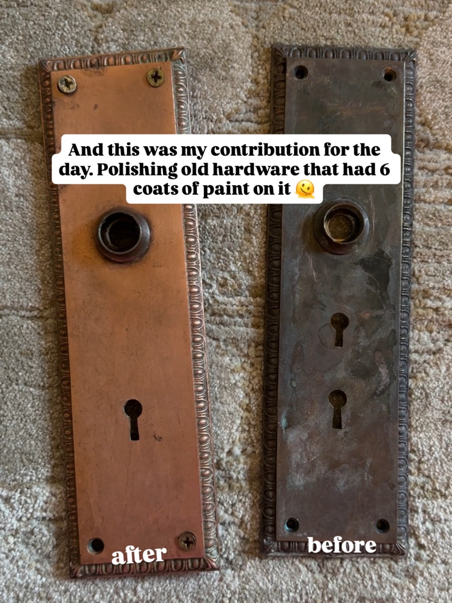 This is my secret formula for antique hardware restoration.

If you need to remove paint first, I give everything a hefty coat of the Smart Strip paint remover. (Tip: wrap it in plastic wrap and let it sit overnight to work even better.)

Clean with soft bristle brush and water.

Shine with Brasso & paper towels!

And voilà!! I don’t mind imperfections after shining the metal, I think it gives it more character. 😉

#LTKHome #LTKFindsUnder50