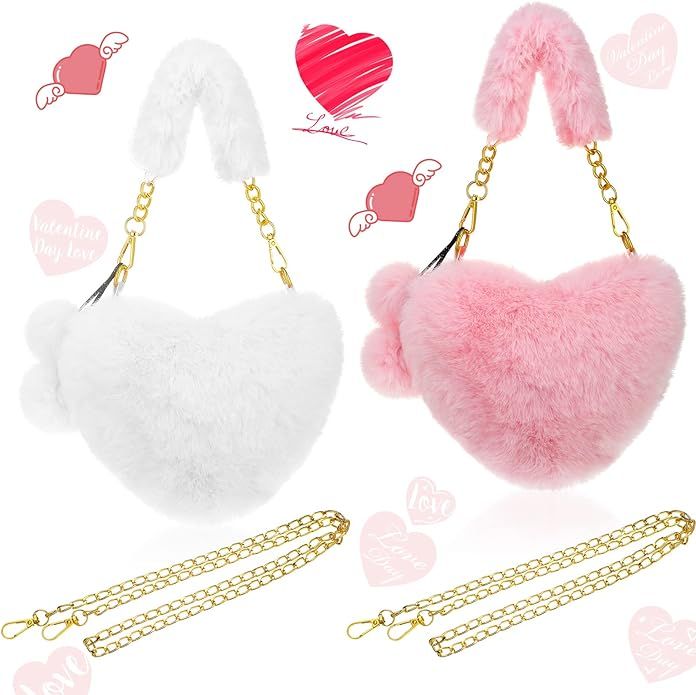 2 Pieces Valentine's Day Furry Purse Soft Fluffy Faux Fur Heart Handbags for Women Girls Valentin... | Amazon (US)