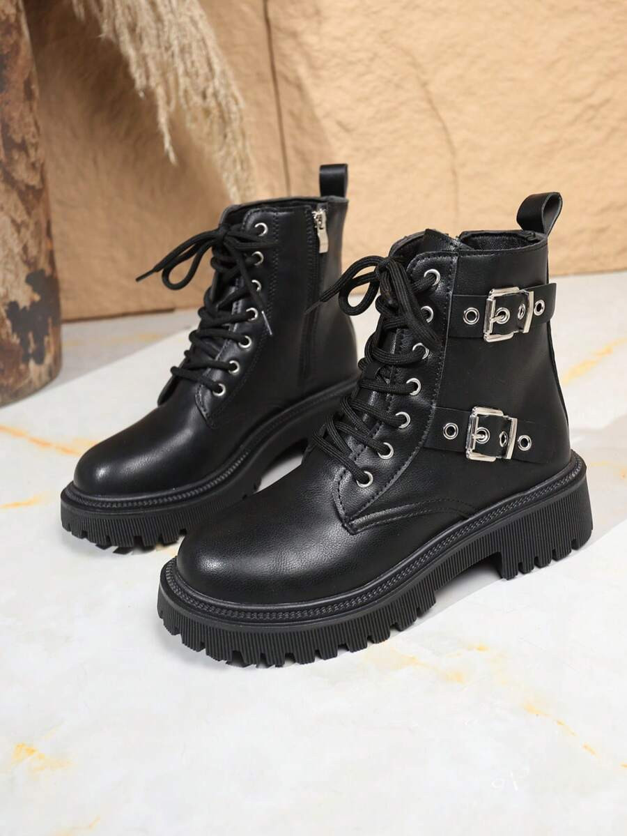 Women's Retro Punk Style Double Buckle Black Boots, Thick Sole Round Toe Lace-Up Motorcycle Boots... | SHEIN