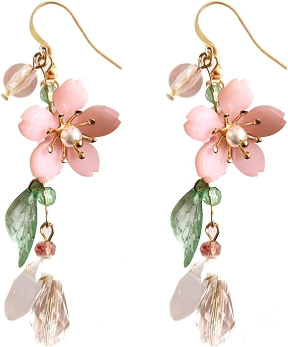 LAKIYOYO Pink Flower Dangle Earrings for Women Cute Pearl Leaf Sakura Leaf Earrings Fairy Stateme... | Amazon (US)