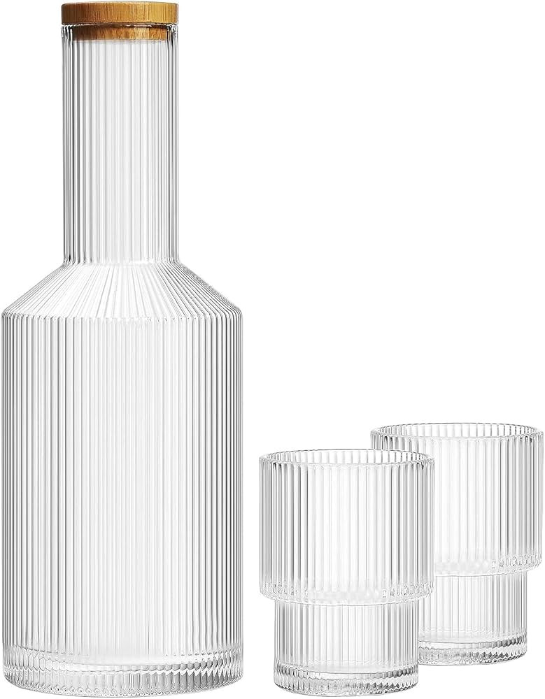 ALINK Glass Bedside Water Carafe with Lid and Glass Cups Set, Ribbed Carafe Glassware Drinking Gl... | Amazon (US)
