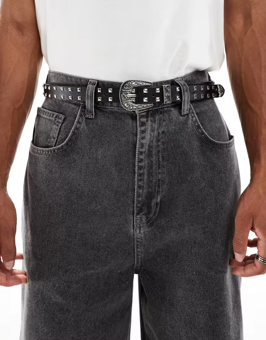 ASOS DESIGN western studded skinny belt in black faux leather | ASOS (Global)