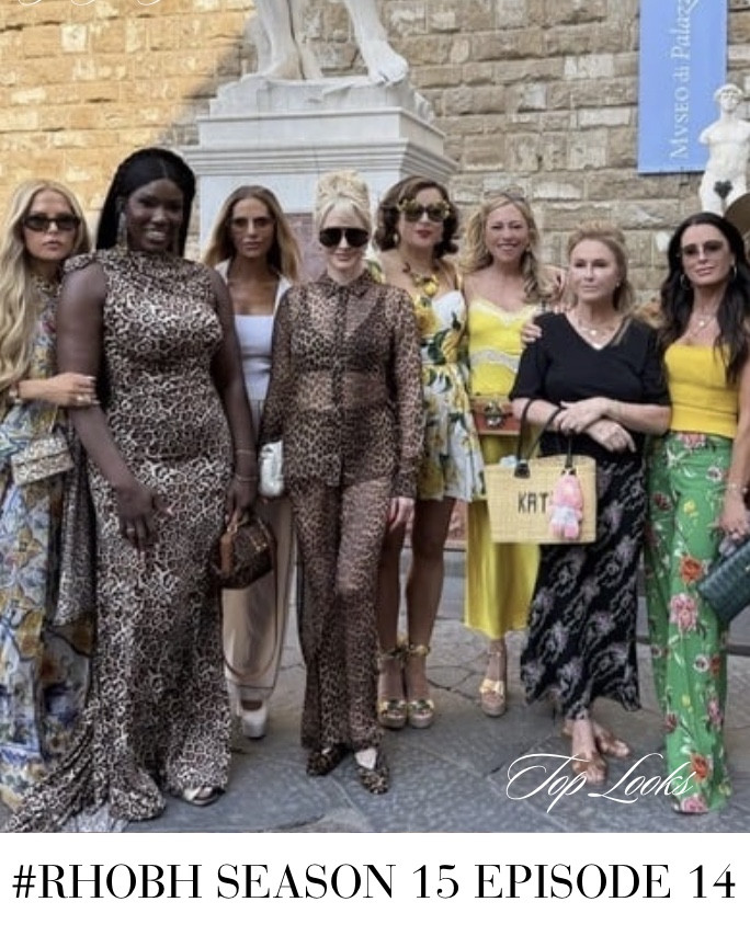 Real Housewives of Beverly Hills Season 15 Episode 14 Fashion Roundup in Florence, Italy // Not Linked: Dorit Kemsley’s Polka Dot Look by Adriana Degreas / Erika Girardi’s Striped Look by Libertine / Bozoma Saint John’s Pool Look by Asherah Swimwear / Amanda Frances’ Louis Vuitton Utility Dress // 📸s= @jennifertilly 