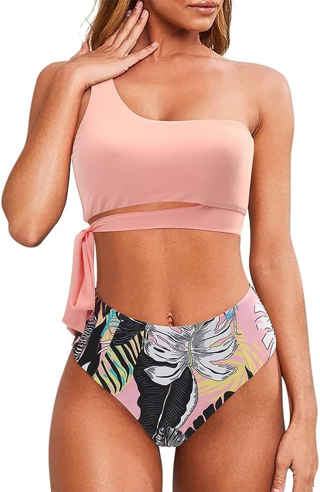 MOOSLOVER Women One Shoulder High Waisted Bikini Tie High Cut Two Piece Swimsuits | Amazon (US)