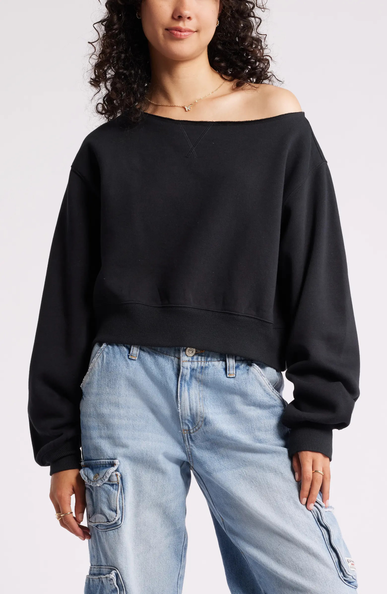 Fleece Detail Off the Shoulder Sweatshirt | Nordstrom
