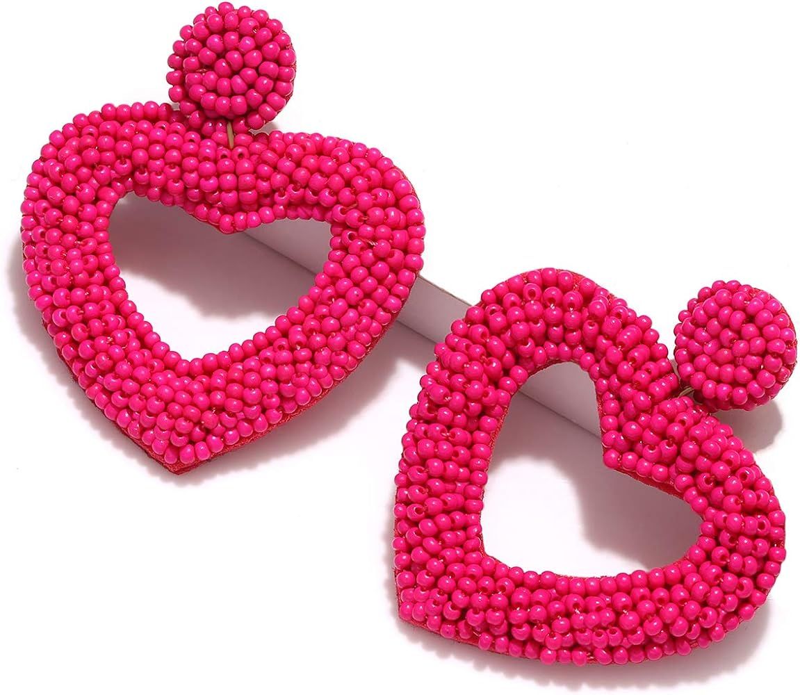 XOCARTIGE Beaded Drop Earrings for Women Seed Bead Heart Dangle Earrings Handmade Beaded Earring Stu | Amazon (US)
