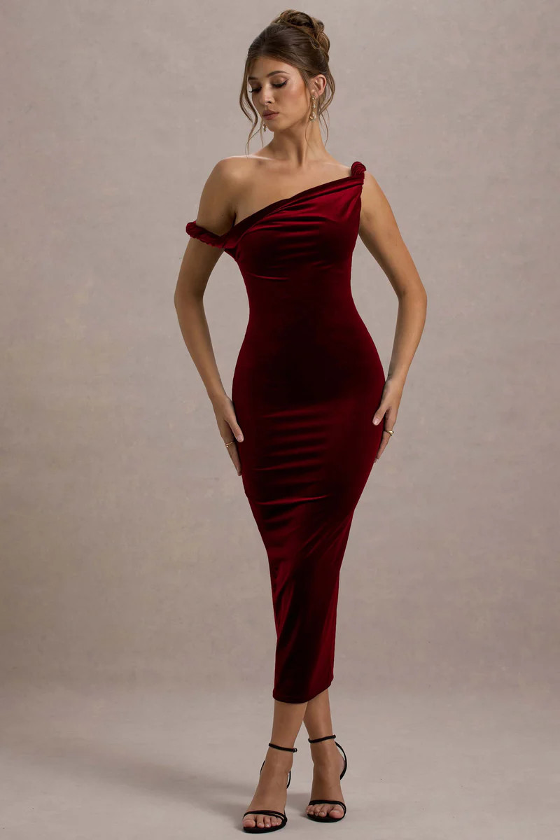 Carella | Berry Velvet Twisted Asymmetric Midi Dress | Club L London