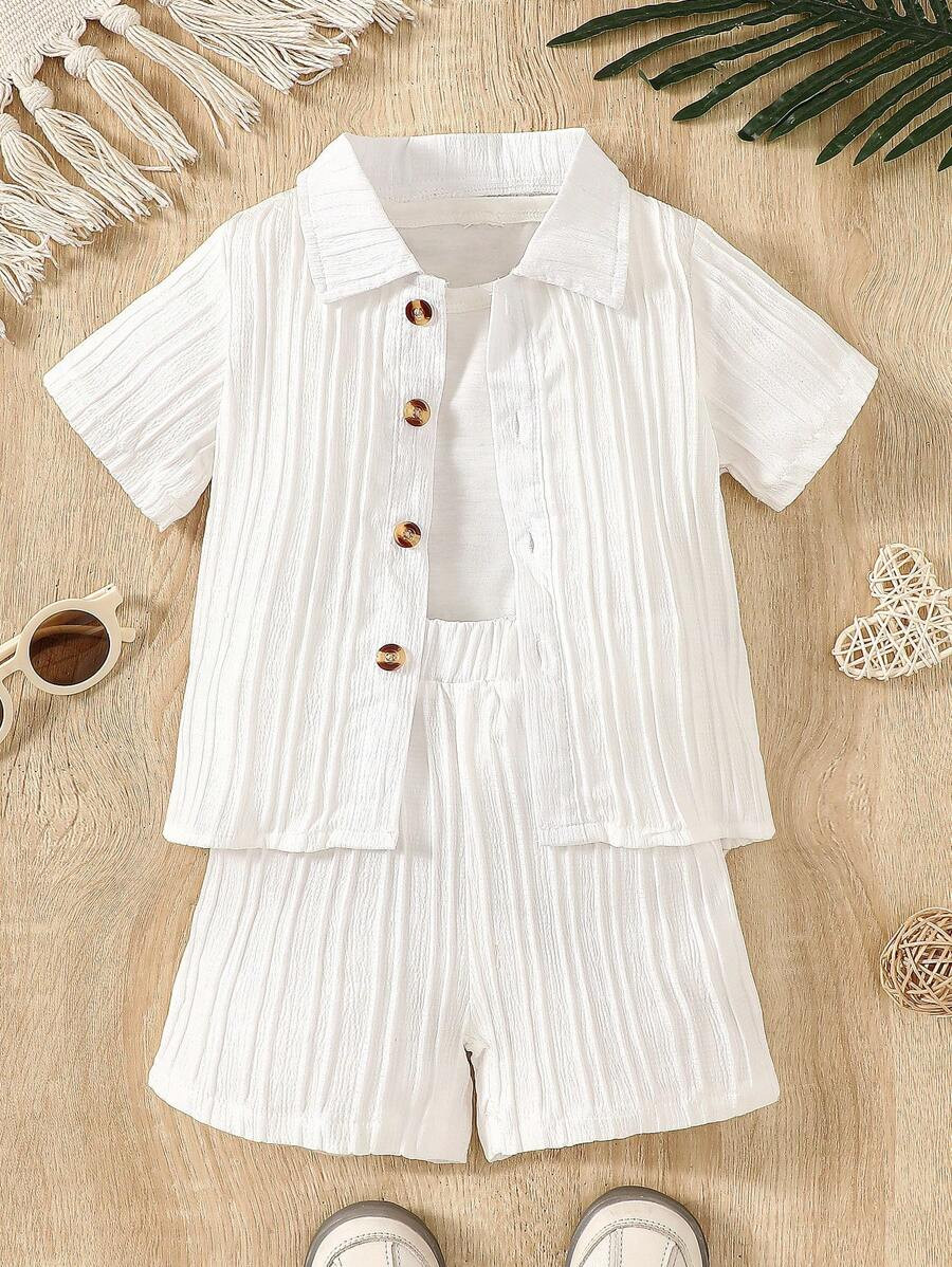 2pcs White Textured Shirt And Shorts Casual Basic Fresh Spring Summer Baby Boy Outfit | SHEIN