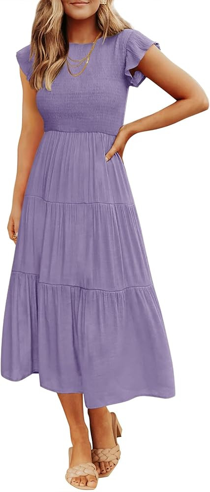 ZESICA Women's 2025 Summer Casual Flutter Short Sleeve Crew Neck Smocked Elastic Waist Tiered Mid... | Amazon (US)