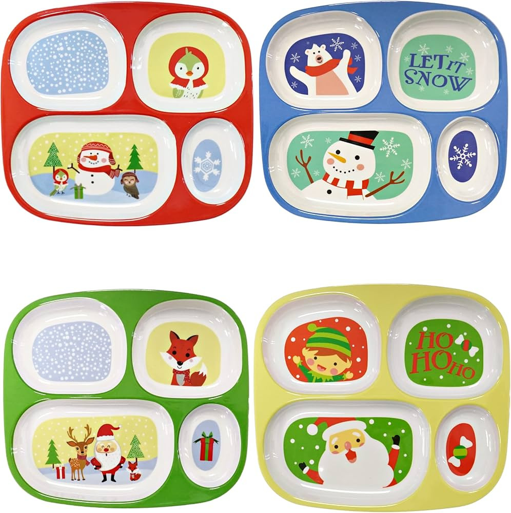 4E's Novelty Christmas Dinnerware Divided Plates For Kids (Set of 4) Melamine Plastic BPA Free Se... | Amazon (US)