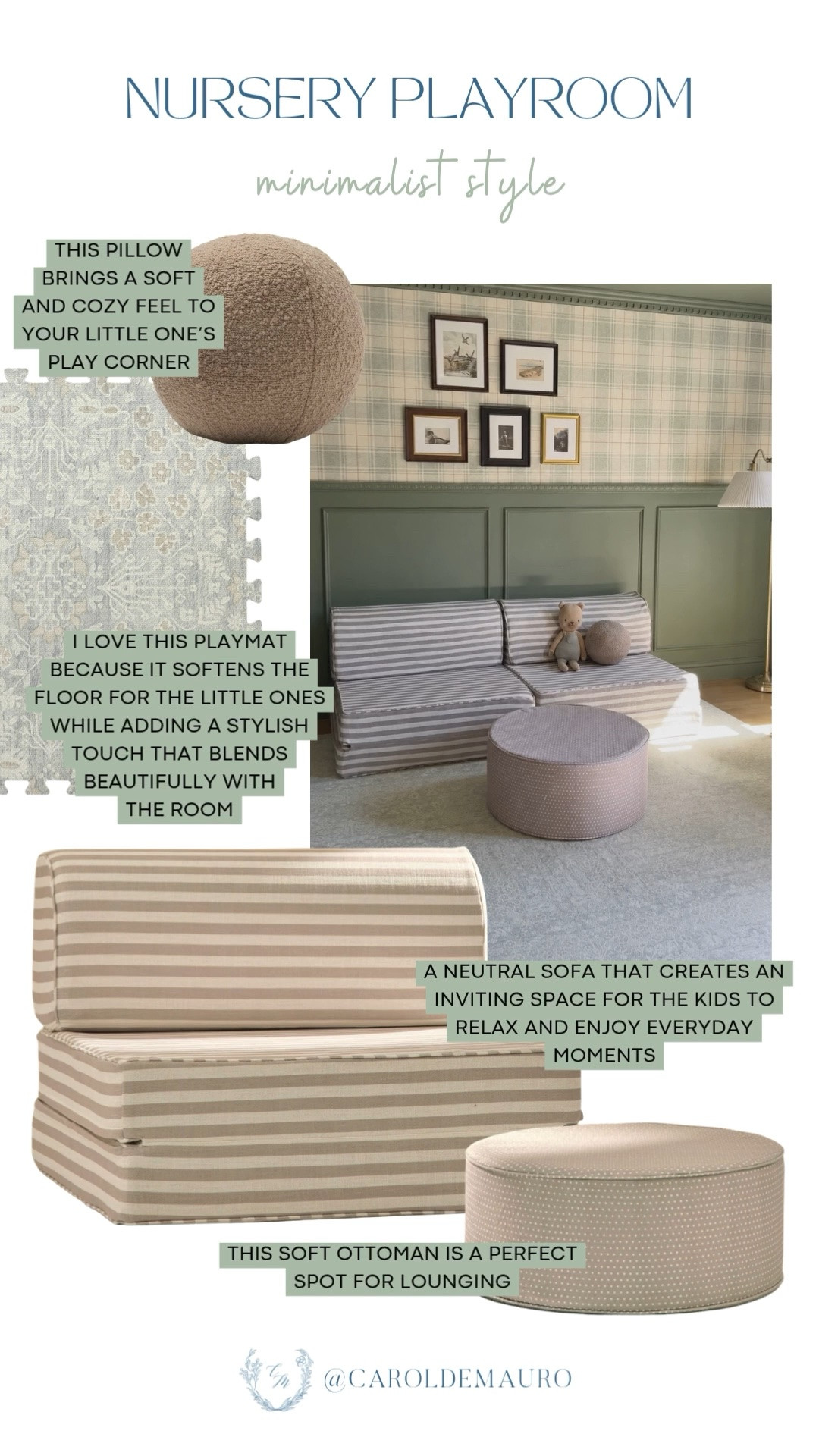 This striped kids sofa, plush round ottoman, and soft foam playmat create the coziest little play space without any of the visual clutter. The neutral tones make it feel calm and really beautiful for the kids.

nursery playroom, minimalist playroom, kids play space, toddler room decor, playroom inspo, neutral nursery, nursery furniture

#LTKHome
