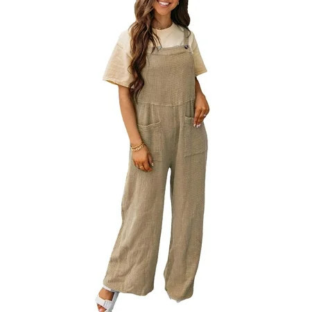 Women Fashionable Button Overalls Loose Casual Elegant Plain Color Sleeveless Strap Overalls with Pockets Khaki XXL | Walmart (US)