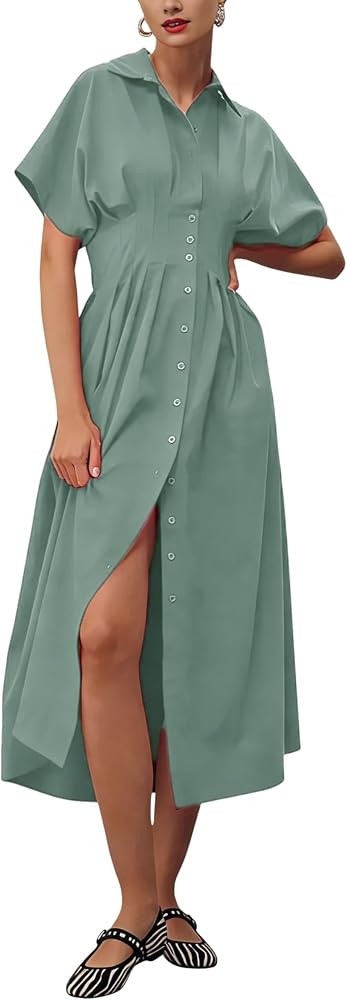Yeokou Shirt Dress for Women Summer Casual Short Sleeve Button Down Loose Pleated Maxi Sundress w... | Amazon (US)