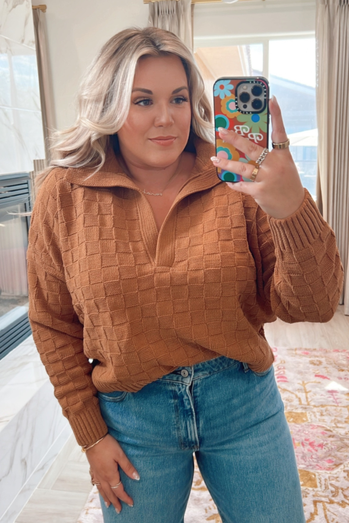 curvy fall outfit! wearing size xl in cropped caramel sweater and size 32 in 90s loose denim! 

#LTKunder100 #LTKSeasonal #LTKcurves