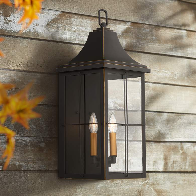 Sunderland 24 3/4" High Black and Warm Gold Outdoor Wall Light Lantern - #007Y0 | Lamps Plus | Lamps Plus