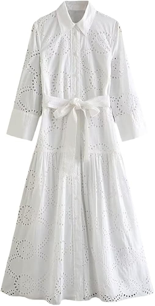 KANG POWER Women Summer Shirts Dress Solid Embroidery Belt Single Breasted Female Sweet Dresses | Amazon (US)