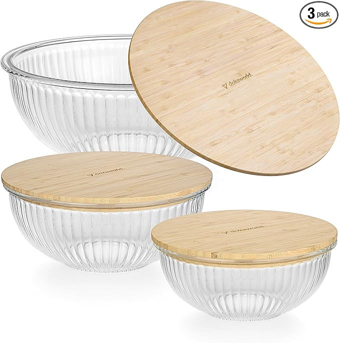 Stackable Space-Saving Nesting Set of 3 Glass Bowls with Bamboo Lids for Foodprep, Storage, Mixin... | Amazon (US)