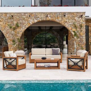 Provence 4-Piece Premium Indonesia Teak Wood Outdoor Patio Conversation Set with Ivory Cushion | The Home Depot