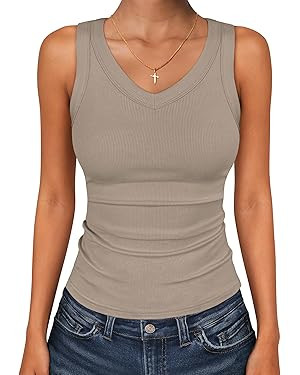 ANRABESS Tank Tops for Women V Neck Ribbed Knit Slim Fitted Sleeveless Basic Tee Tanks Casual Sum... | Amazon (US)