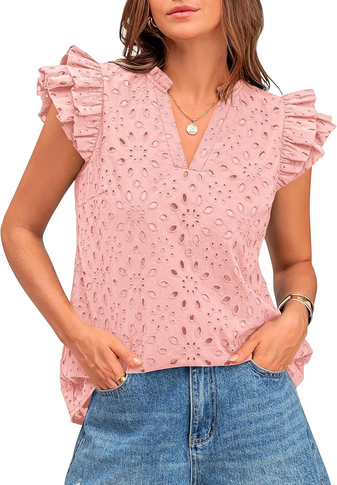 BTFBM Women Summer Eyelet Tops Dressy Casual V Neck Ruffle Cap Sleeve Cotton Boho Shirts Lace Emb... | Amazon (US)