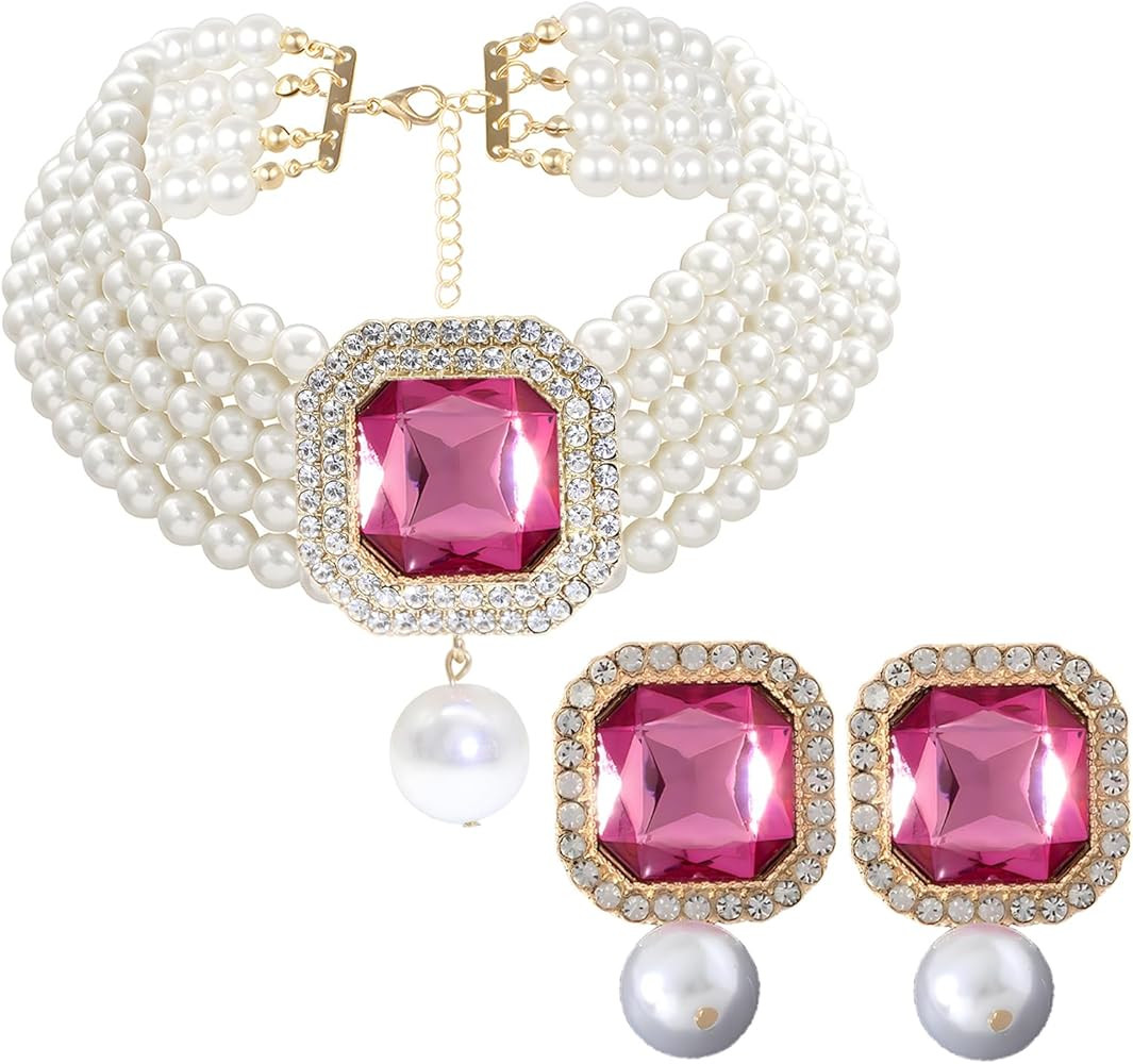 Chunky Layered Pearl Choker Necklace Crystal Rhinestone Pearl Necklace and Earrings Set for Women... | Amazon (US)