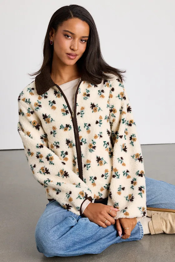 Naliah Ivory Floral Shearling Collared Jacket | Lulus