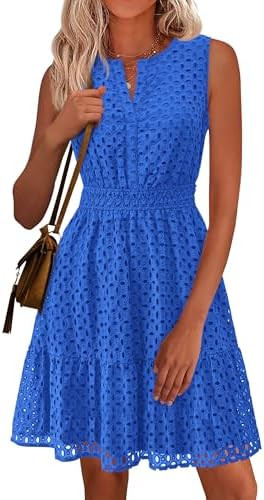 PRETTYGARDEN Women's Summer Dresses 2026 Sleeveless V Neck Eyelet Hollow Out Swing A Line Beach V... | Amazon (US)