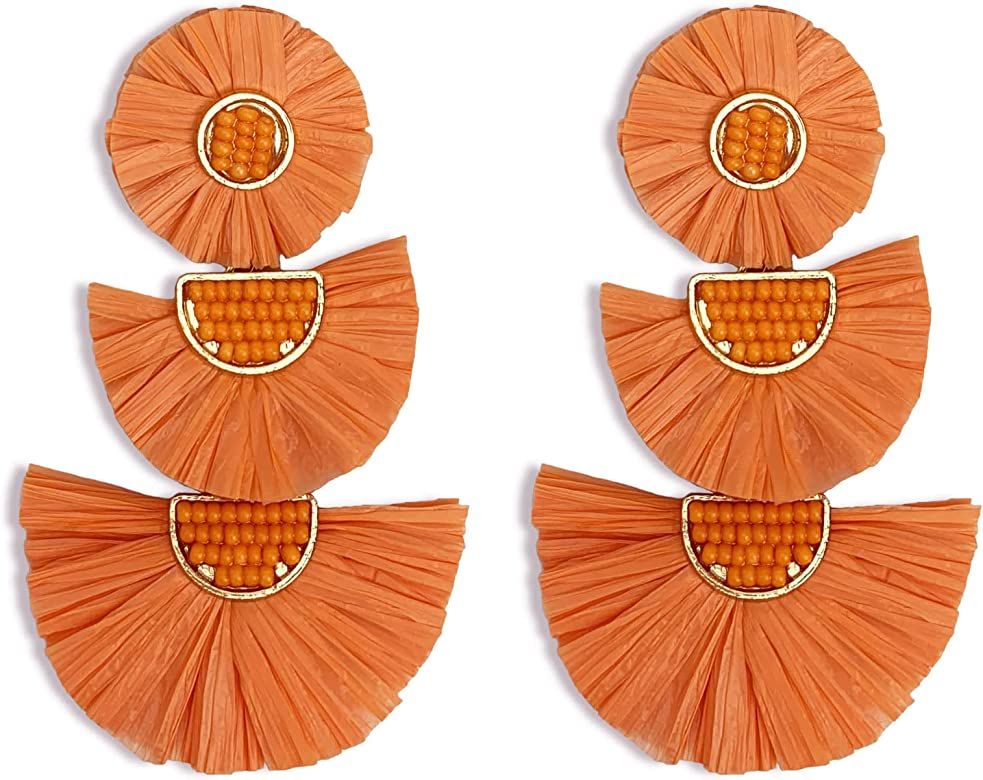 Statement Earrings Beaded Raffia Palm Bohemian Drop Dangle Earrings for women | Amazon (US)