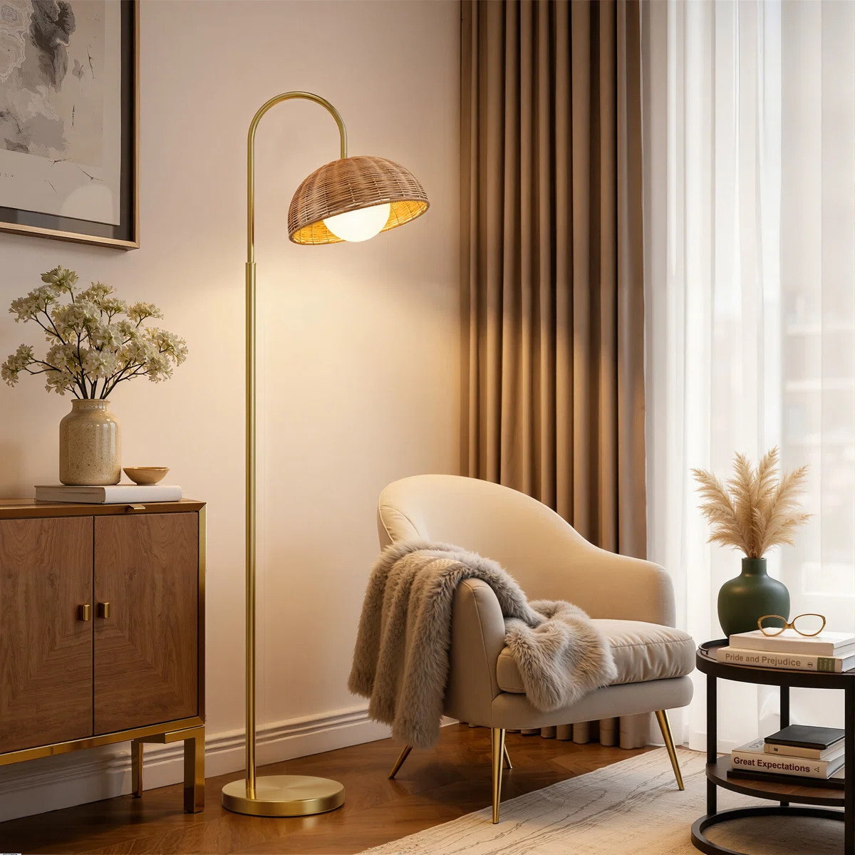 64" Coastal Rattan Floor Lamp With Adjustable 30\u00b0 Swivel Head And Polished Gold Finish For L... | Wayfair North America