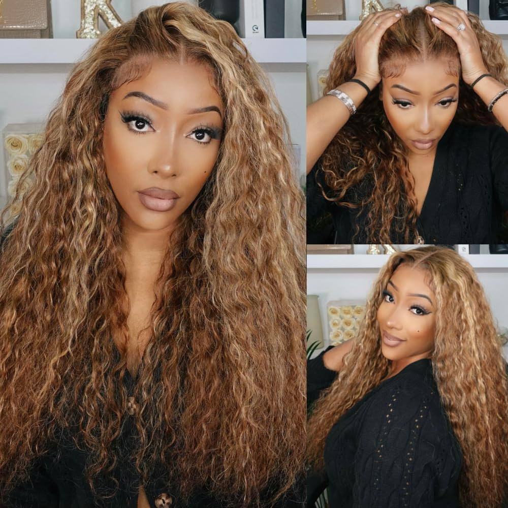 KLAIYI Honey Blonde Highlight Water Wave 13x4 Lace Front Wigs Human Hair Ombre Curly HD Transpare... | Amazon (US)