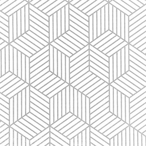 WENMER Geometric Hexagon Wallpaper Contact Paper 17.71 Inch x 197 Inch Geometric Hexagon Silver Peel | Amazon (US)