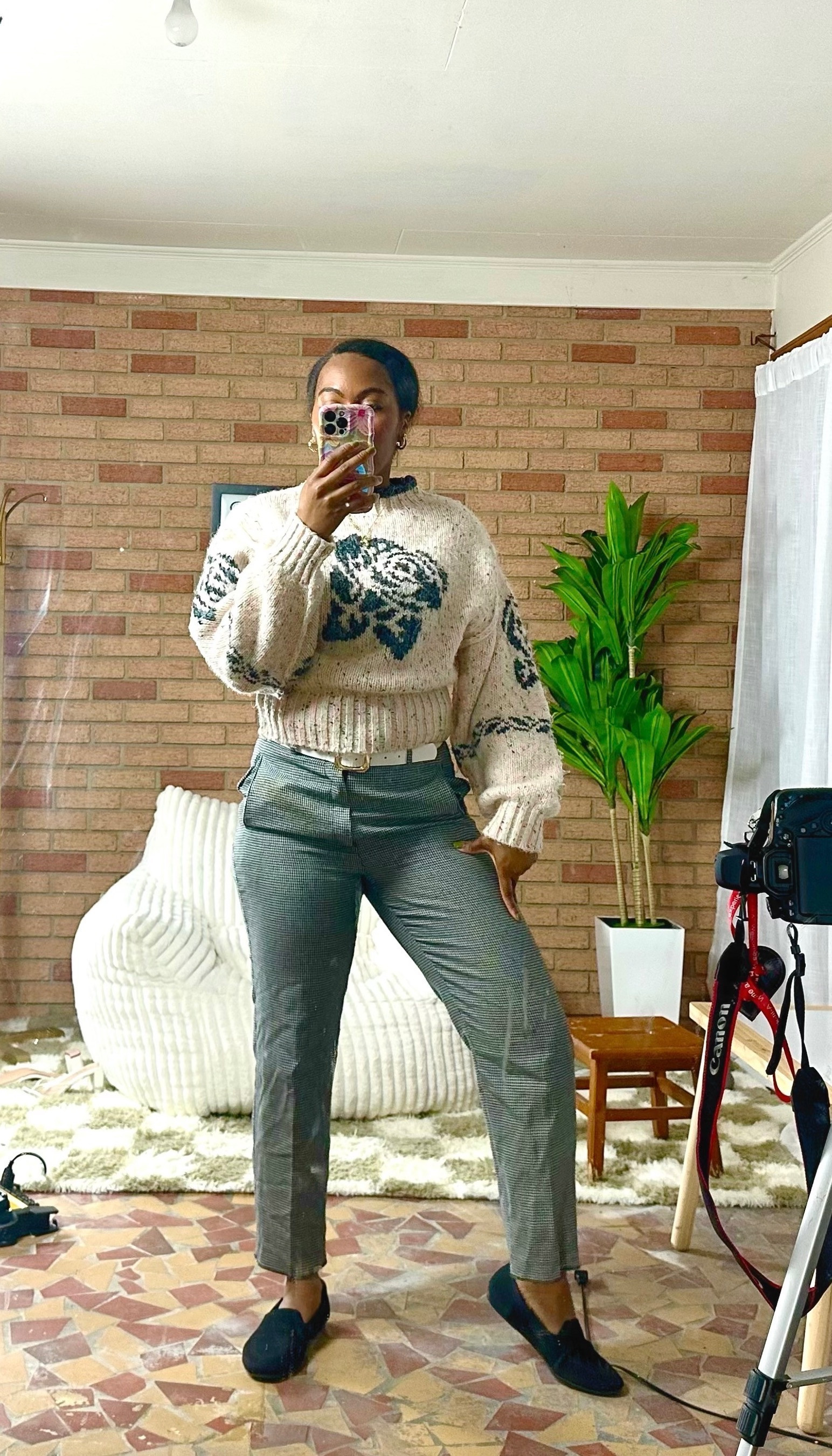 Cozy office look I wore this week, a floral knit sweater paired with thrifted patterned trousers
 
#LTKstyle 

 #LTKootd