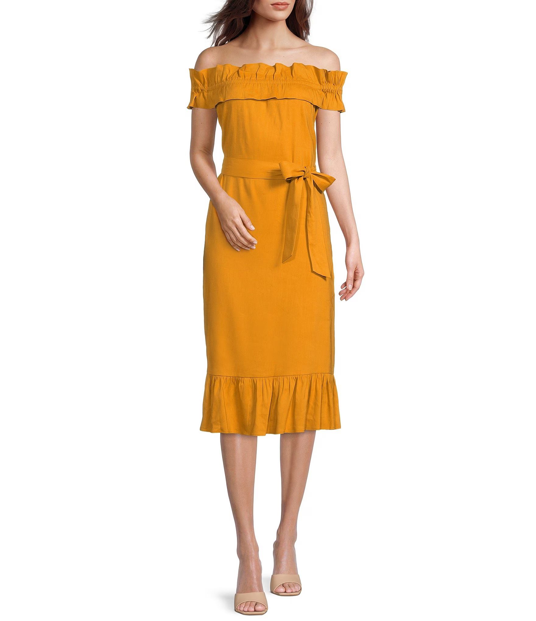 Elina Ruffle Off-the-Shoulder Tie Waist Short Sleeve Dress | Dillard's