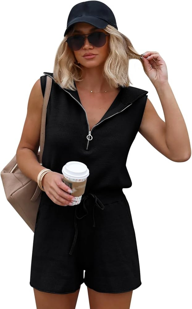 Yousify Women's Casual Sleeveless Short Rompers Summer Half Zip Lapel Collar Drawstring Knit One ... | Amazon (US)