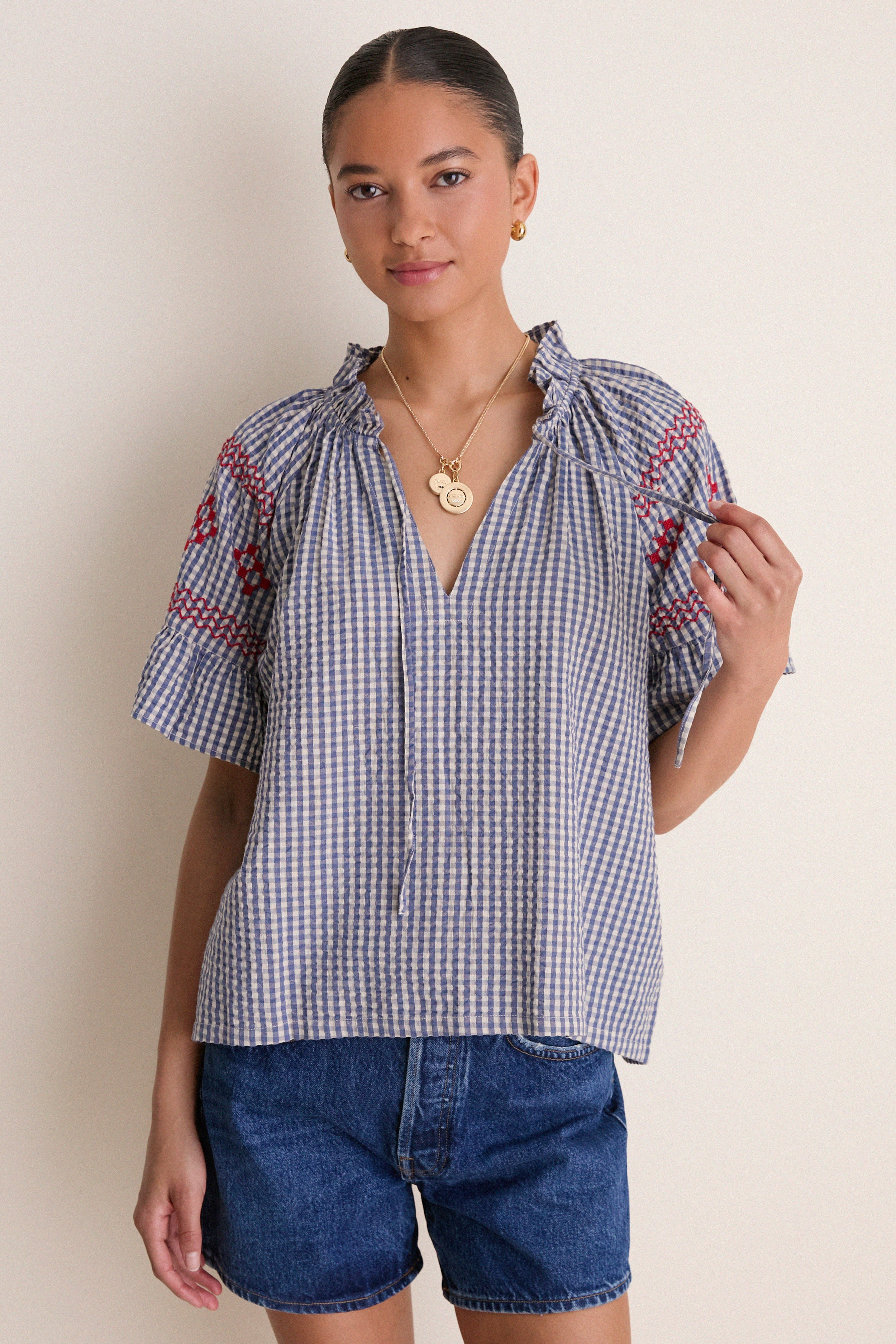 Navy Prism Embroidered Gingham Cassis Top | Tuckernuck (US)