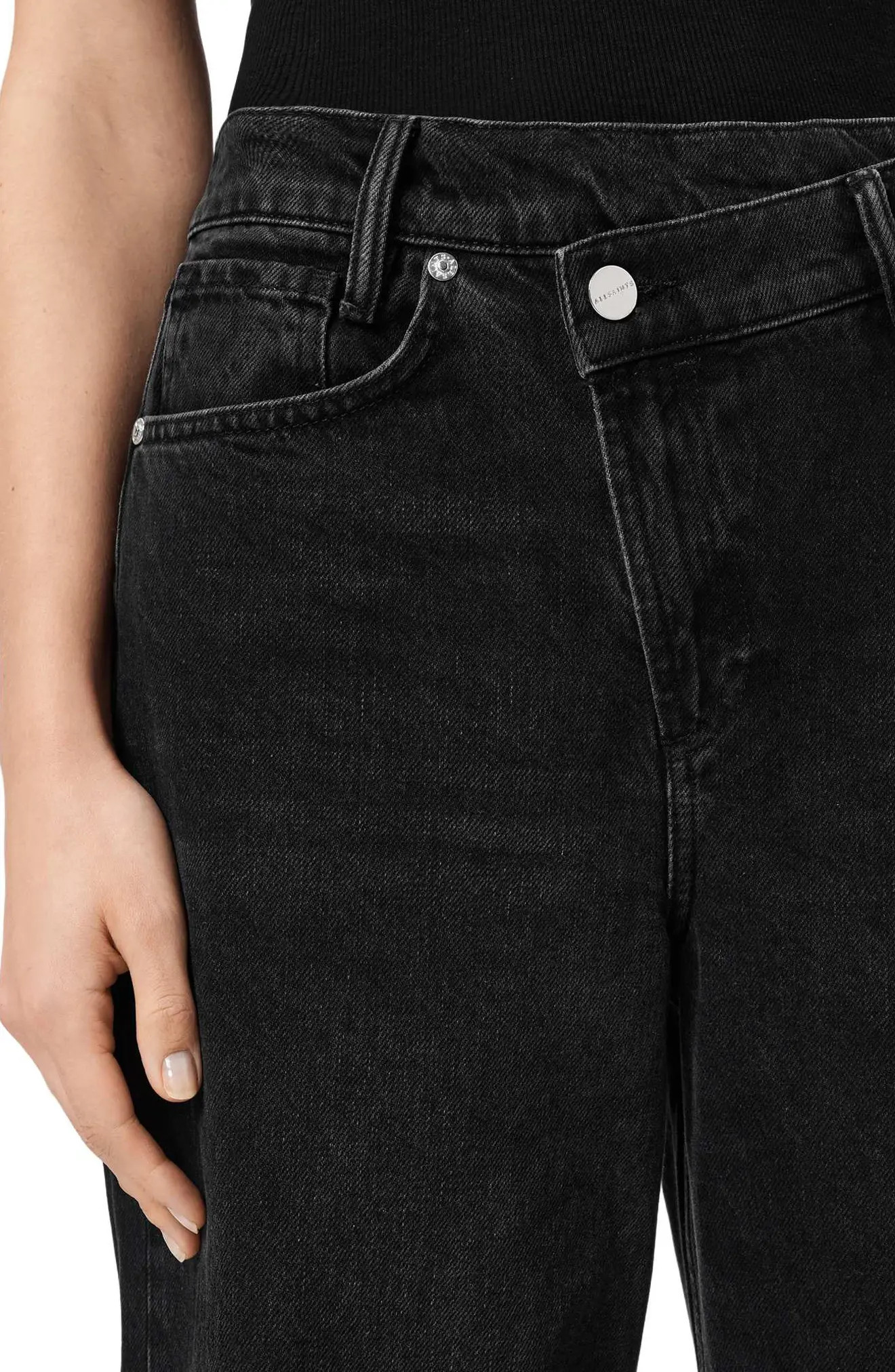AllSaints Aki Crossover Wide Leg Jeans in Washed Black at Nordstrom, Size 26 | Nordstrom