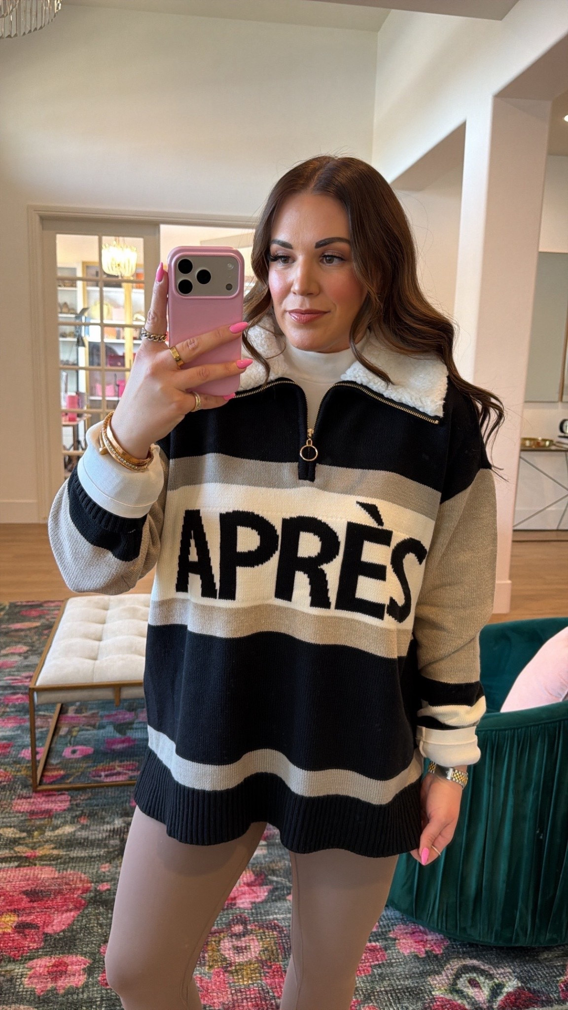 curvy midsize apres ski winter cozy look! wearing size large in sweater for an oversized look and size 10 in leggings. love the shearling collar! 

#LTKSeasonal #LTKMidsize