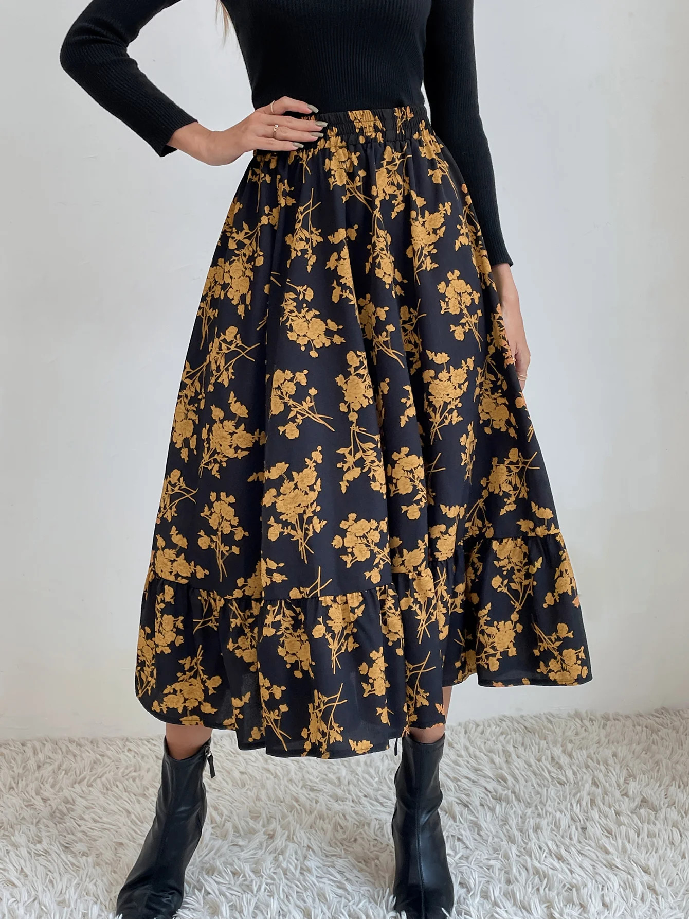 Elastic Waist Flower Print Ruffled Maxi Skirt | 1Sansome