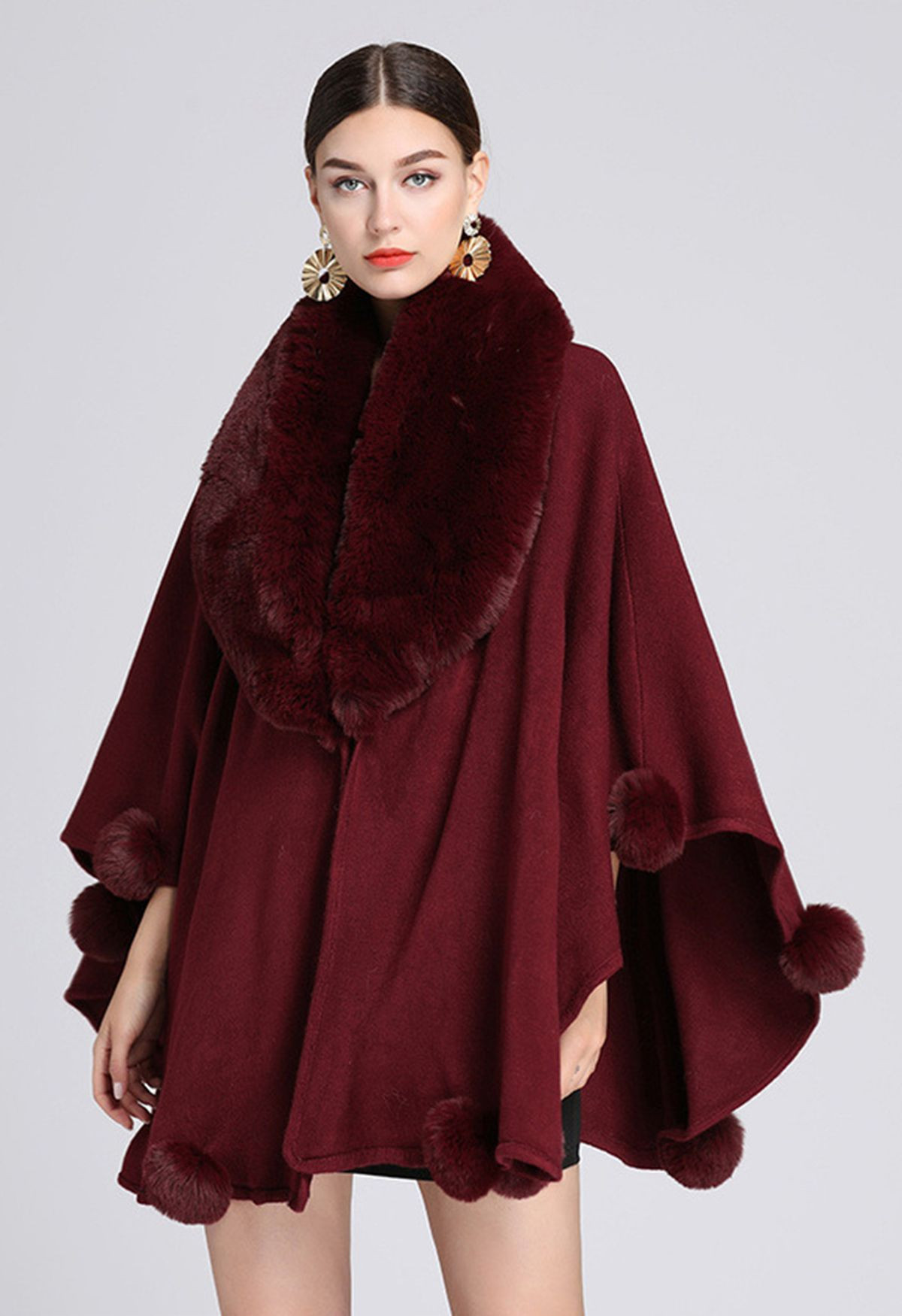 Faux Fur Collar Pom-Pom Trim Poncho in Burgundy | Chicwish