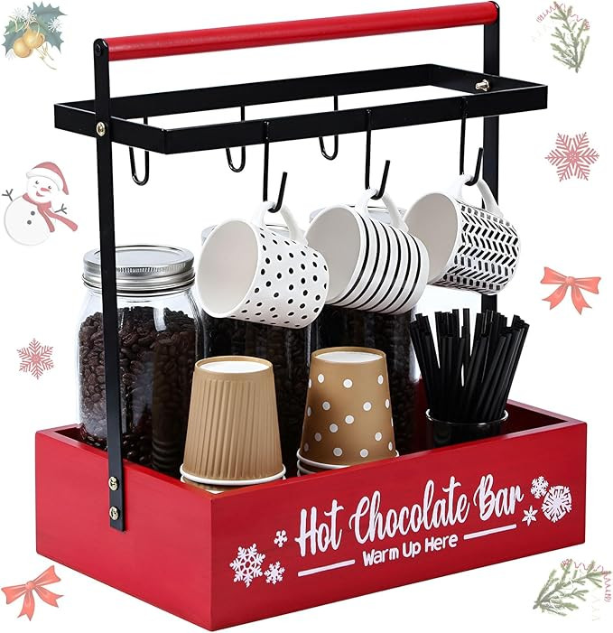Christmas Hot Cocoa Bar Coffee Station Organizer Decorative Wood Storage Box Coffee Mug Holder wi... | Amazon (US)