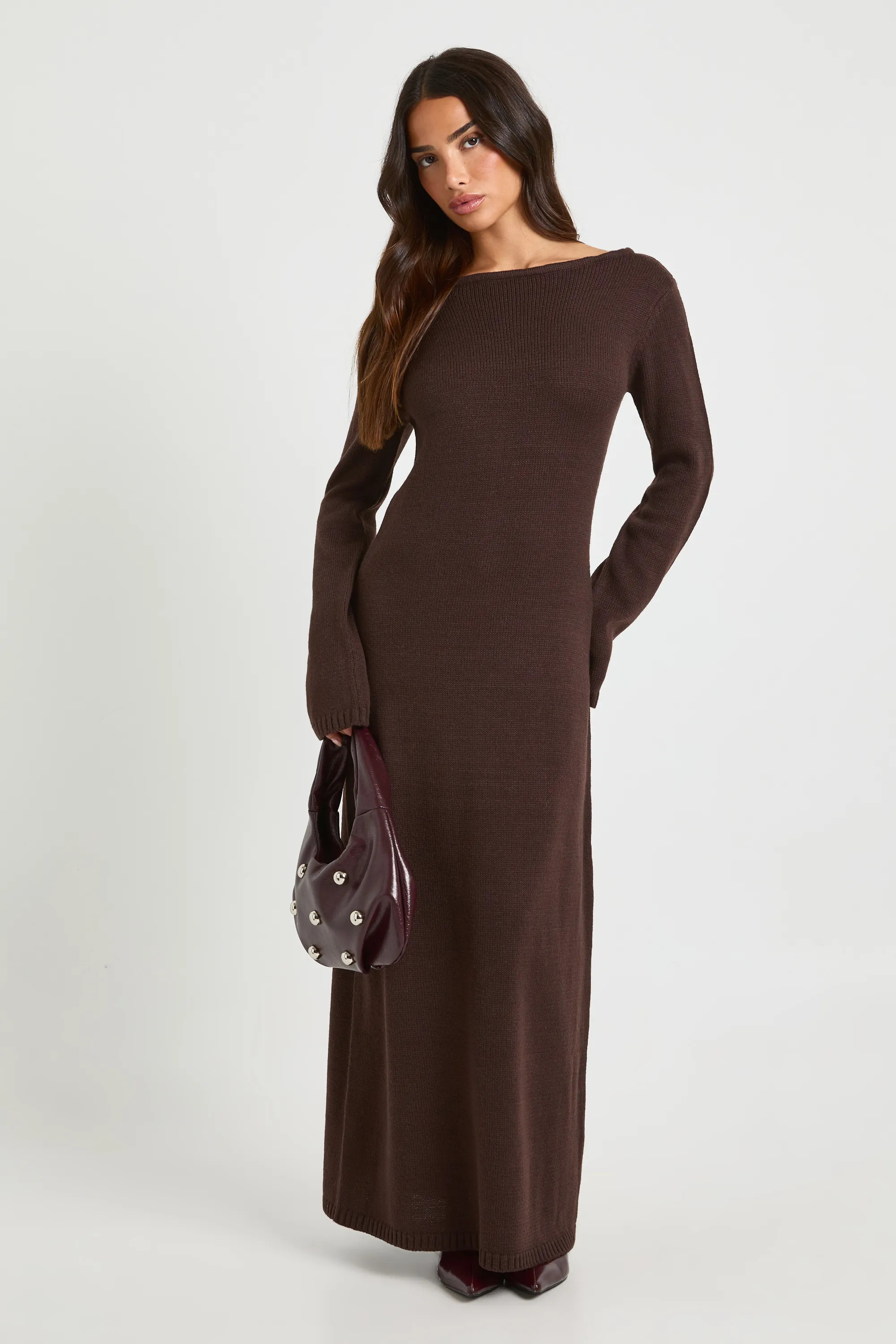 Petite Knitted Slash Neck Maxi Dress | Boohoo.com (UK & IE)