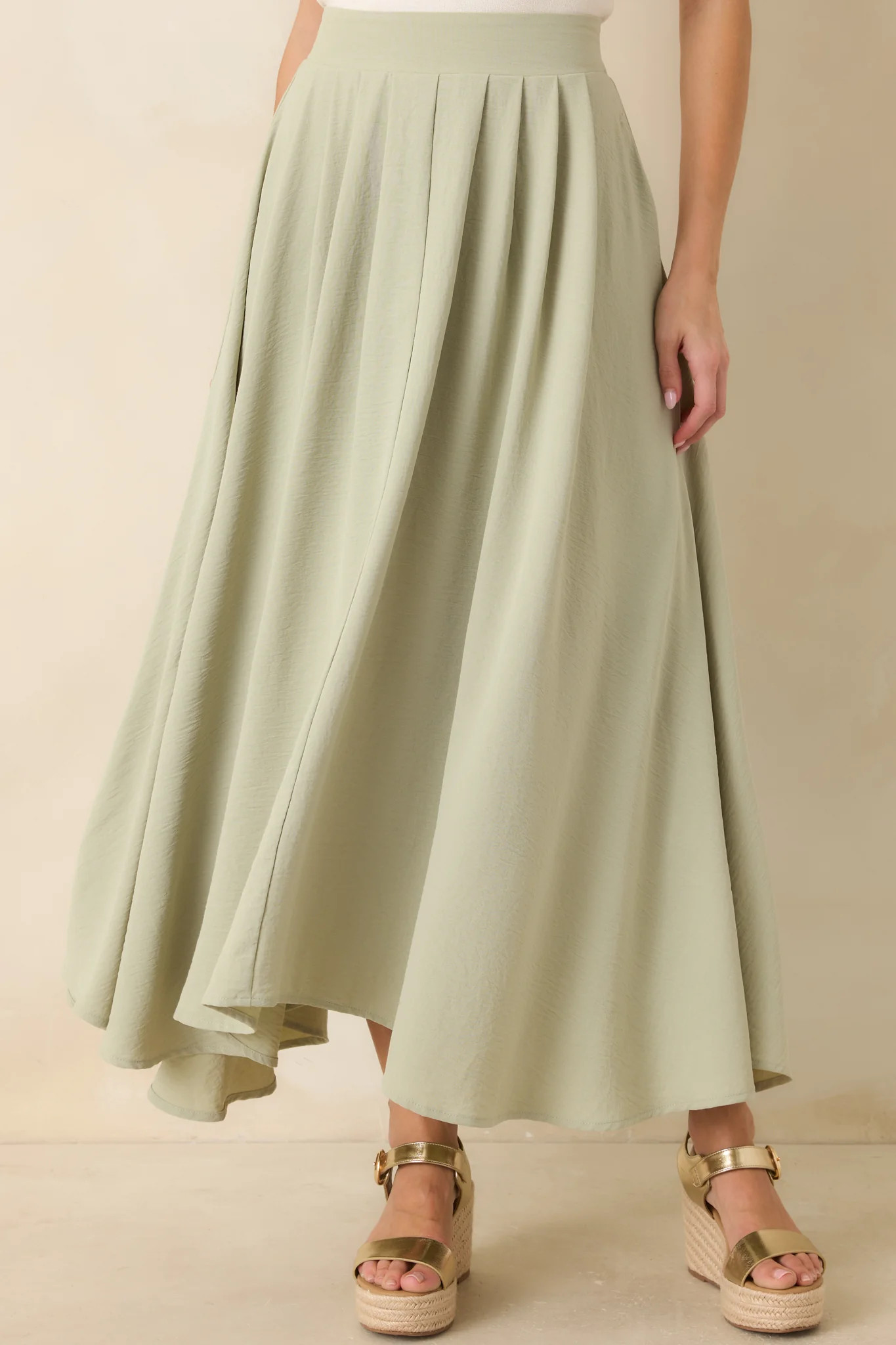 Ebb and Flow Sage Green Curved Hem Maxi Skirt | Red Dress