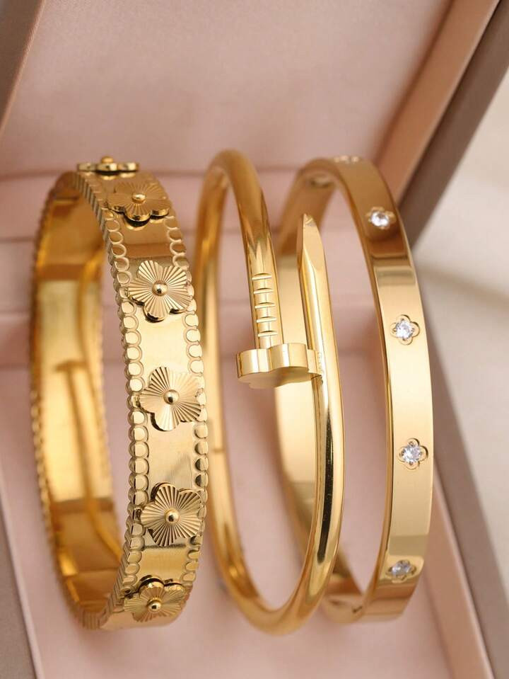 3pcs Fashion 18K Gold Plated Stainless Steel Floral Bangle Bracelets, Cubic Zirconia Inlaid, Waterproof, European Style Wrist Jewelry For Women, Casual, Wedding, Party, Valentine's Day Gift,Mom,Mother,Mother's Day,Gift | SHEIN