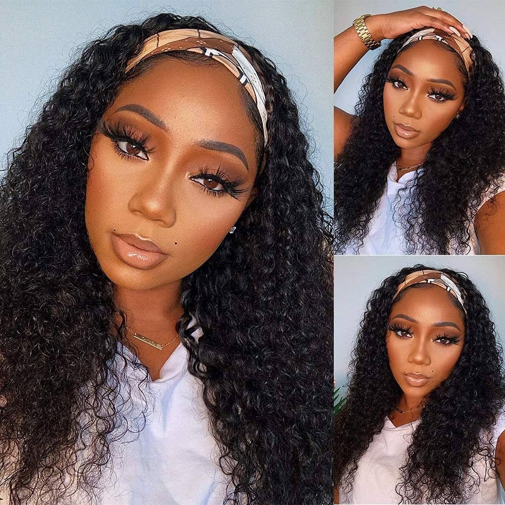 WENYAN Headband Wig Human Hair Deep Wave 16 Inch Wigs for Black Women Glueless None Lace Front Cu... | Amazon (US)